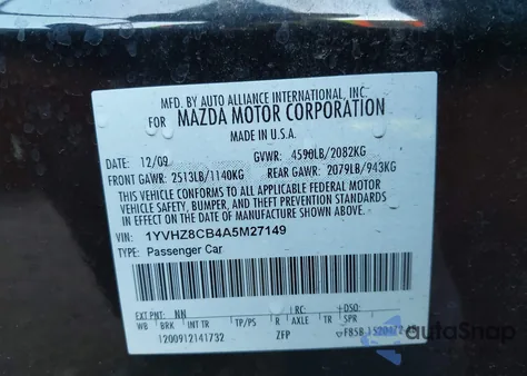 2010 Mazda Mazda6 S Touring Plus из США, поврежденный, VIN 1YVHZ8CB4A5M27149
